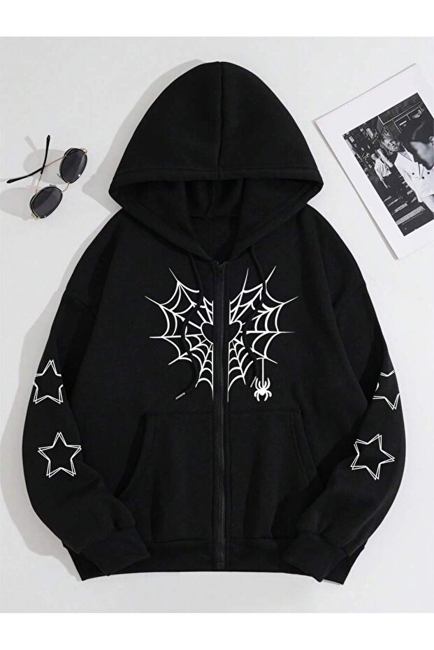 3 Thread Black Spider Web Pattern Zippered Winter Cardigan - Printed Oversize Hooded Jacket