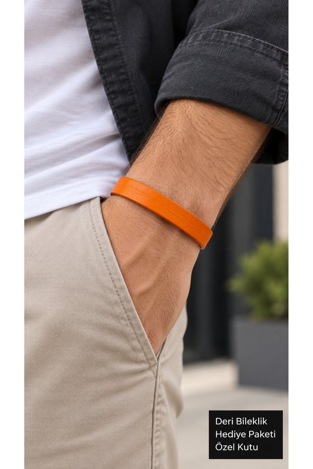 Esmardo Orange Leather Men's Bracelet - Wide Band with Layered Design and Silver Clasp