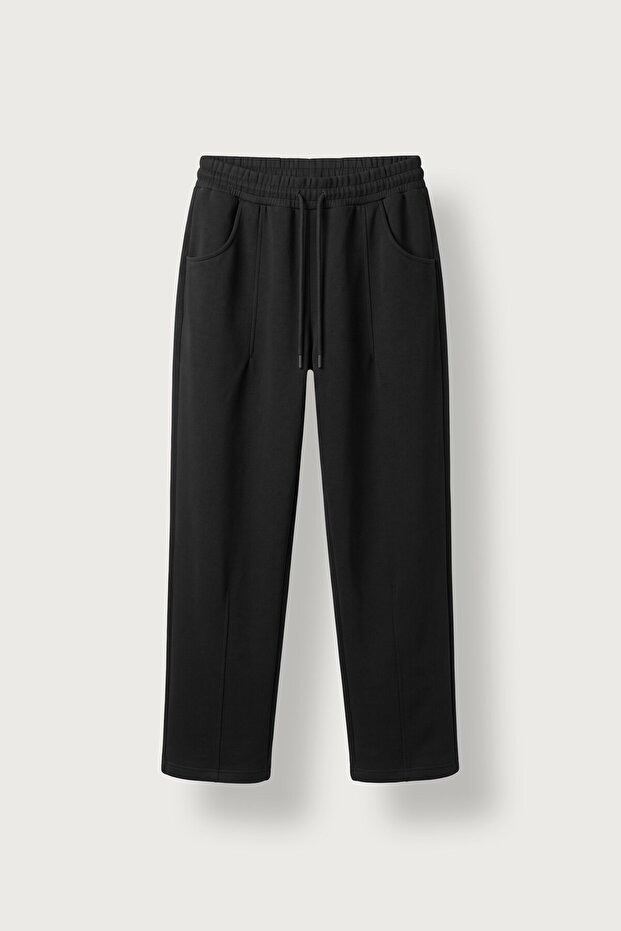 Men's Baggy Fit Front Stitching Detailed Scuba Sweatpants Black