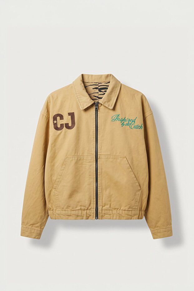 Men's Boxy Fit Embroidered Canvas Jacket Mustard Yellow