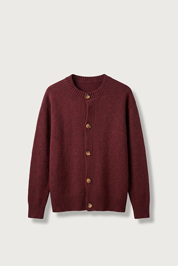Men's Relax Fit Crew Neck Buttoned Knitwear Cardigan Claret Red