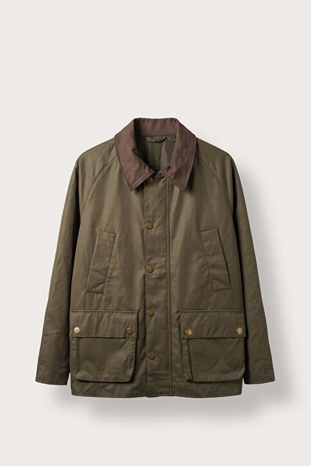 Men's Relax Fit Waxed Contrast Collar Seasonal Jacket Khaki