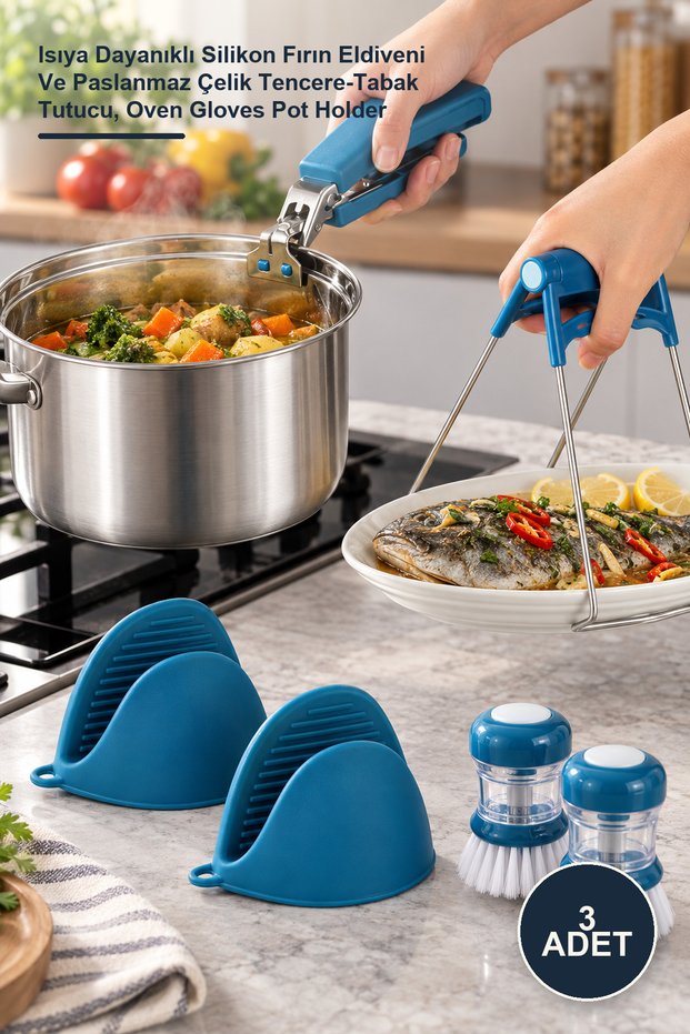 3-Piece Kitchen Anti-Burn Set – Heat-Resistant Silicone Oven Gloves and Stainless Steel Pot and Pan Holder, Oven Gloves Pot Holder