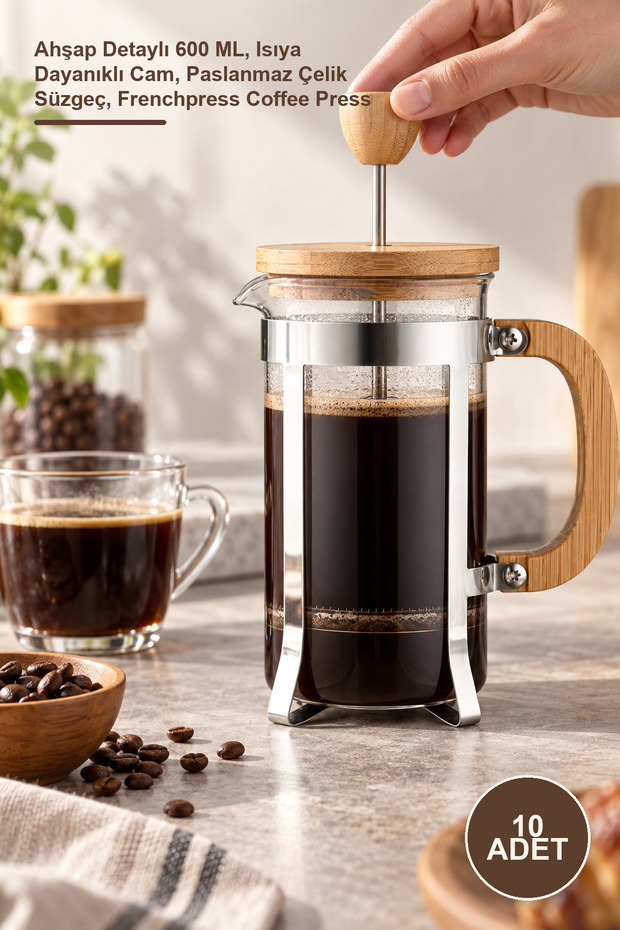 10 Pieces Glass French Press – 600 ml with Wooden Detail, Heat Resistant Glass, Stainless Steel Strainer, French Press Coffee Press