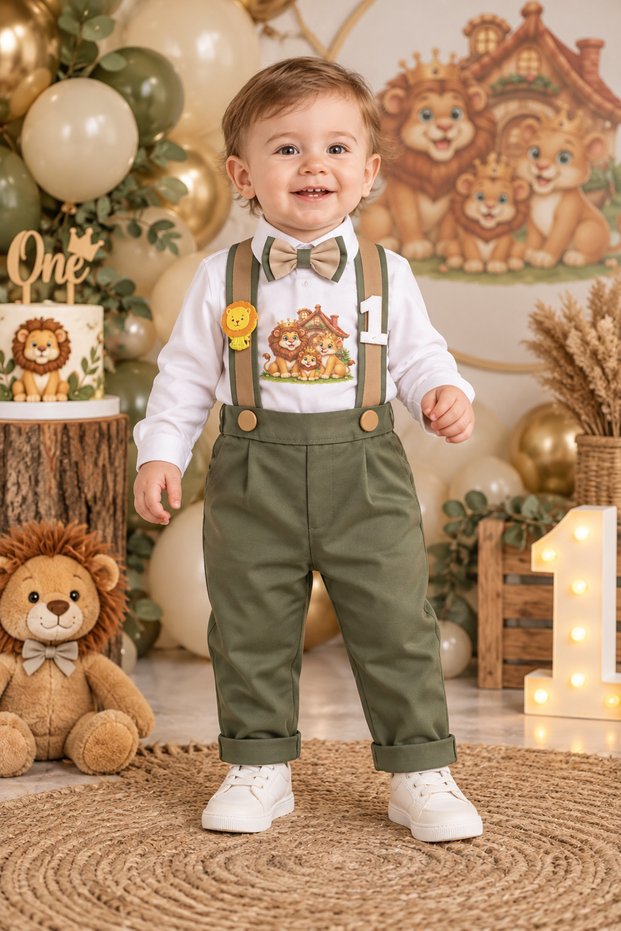 Lion and Family Themed 1 Year Old Boy Khaki Pants Salopet Shirt Bow Tie Set