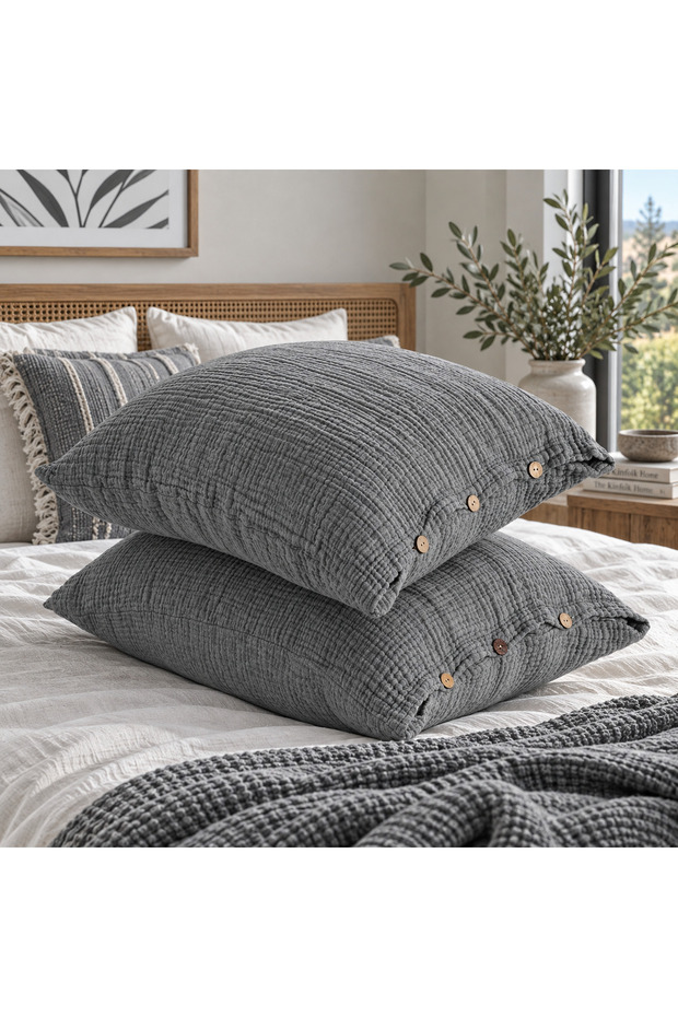 Anthracite 4-Layer Muslin Wooden Button 100% Cotton 2-Piece Pillowcase Set 50X70 cm