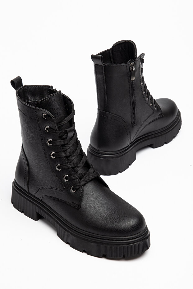 Women's Black Lace-Up Boots Thick Soled Zippered Winter Casual Stylish Boots 66