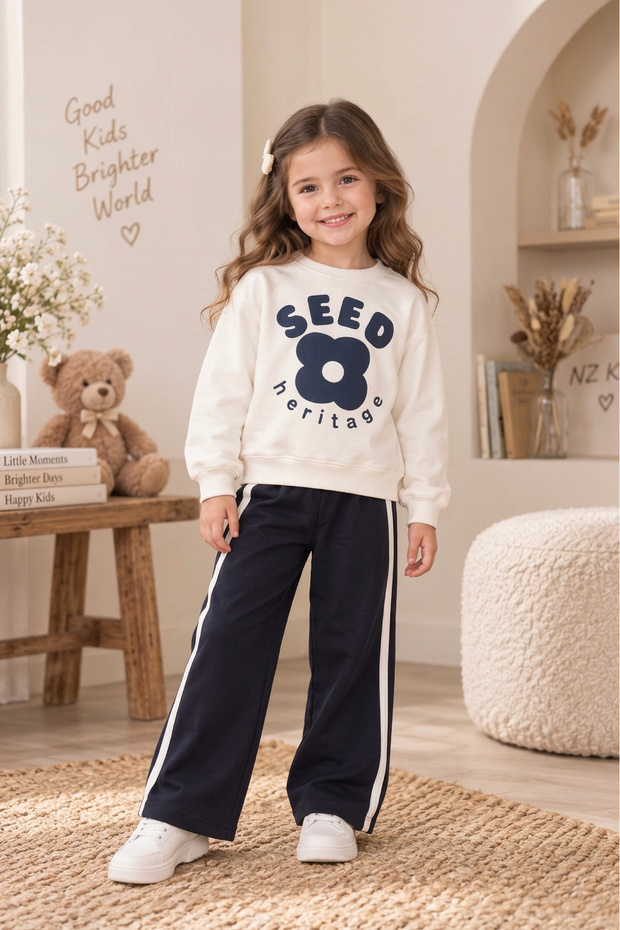 Floral Printed Double Yarn Cotton Soft Textured Daily Girls' Top and Bottom Set