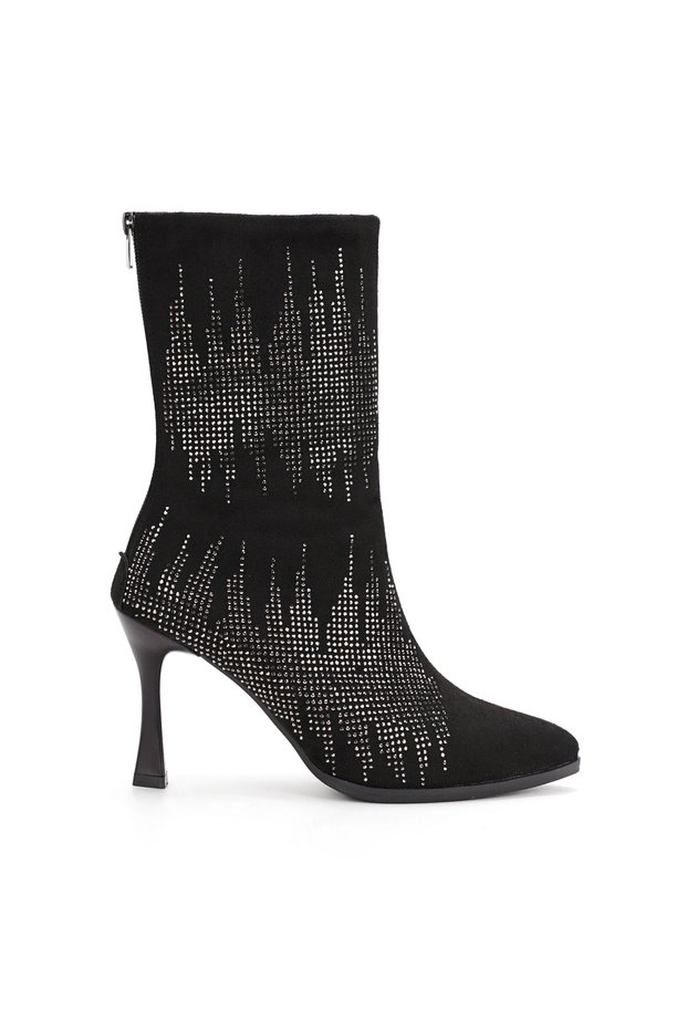 Black Suede Women's Heeled Boots with Sparkling Stone Detail and Back Zipper