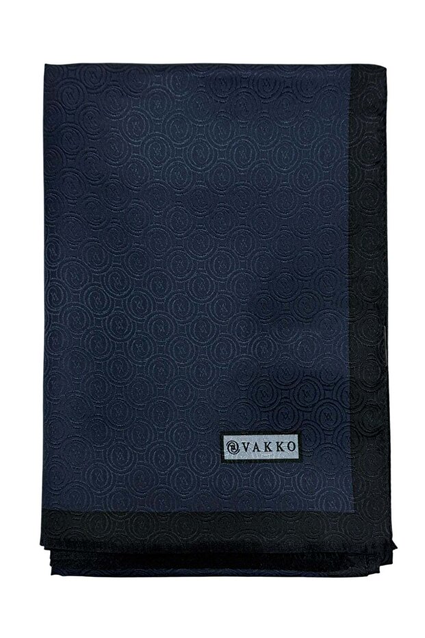 Jacquard Silk Shawl - Helezon Monogram - Navy Blue