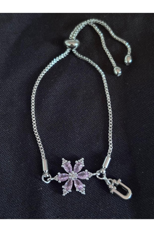 Steel Pink Zircon Stone Lotus Flower Letter U Bracelet