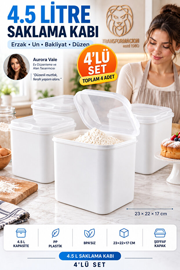 4-Pack 4.5 Lt Large Air-Tight Transparent Lid White Kitchen Pantry Food Flour Legumes Detergent Storage Container Organizer Box 723709