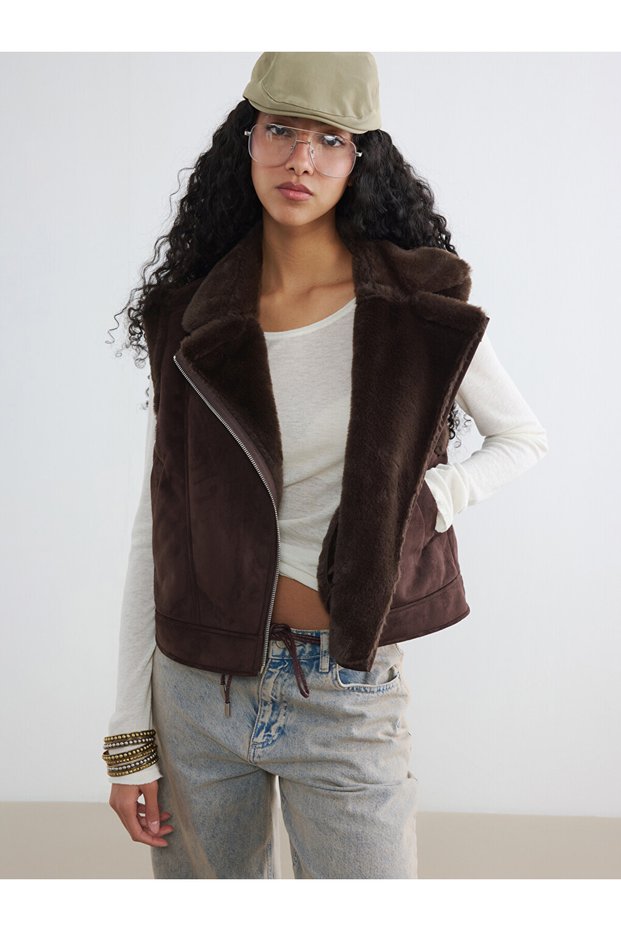 Vizyon New Season Brown Fur Collar Suede Look Women's Vest
