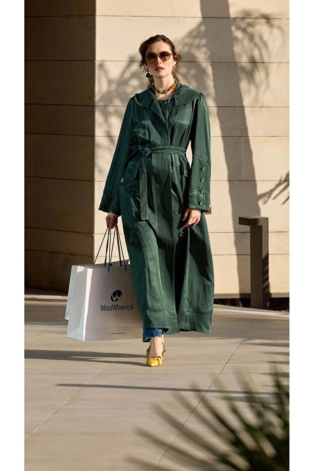 Hooded Belted Linen-Blend Long Coat - Green