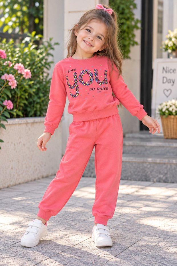Girls' Tracksuit Set – Pink Love You Print Sweatshirt and Jogger Pants, Casual Sportswear Set