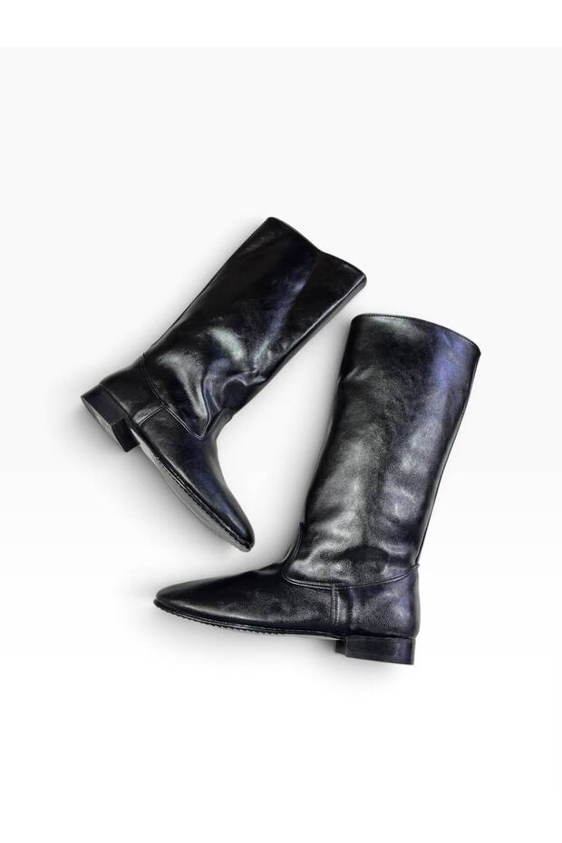 Men's Black Genuine Leather Network Boots Efe Zeybek Bellowsless Riding Boots