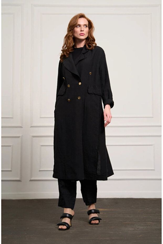 Double-Breasted Linen Overcoat - Black