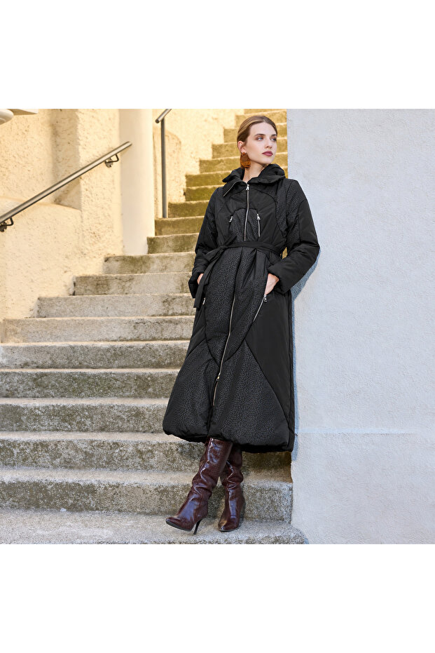Hooded Belted Long Coat with Textured Panels - Black