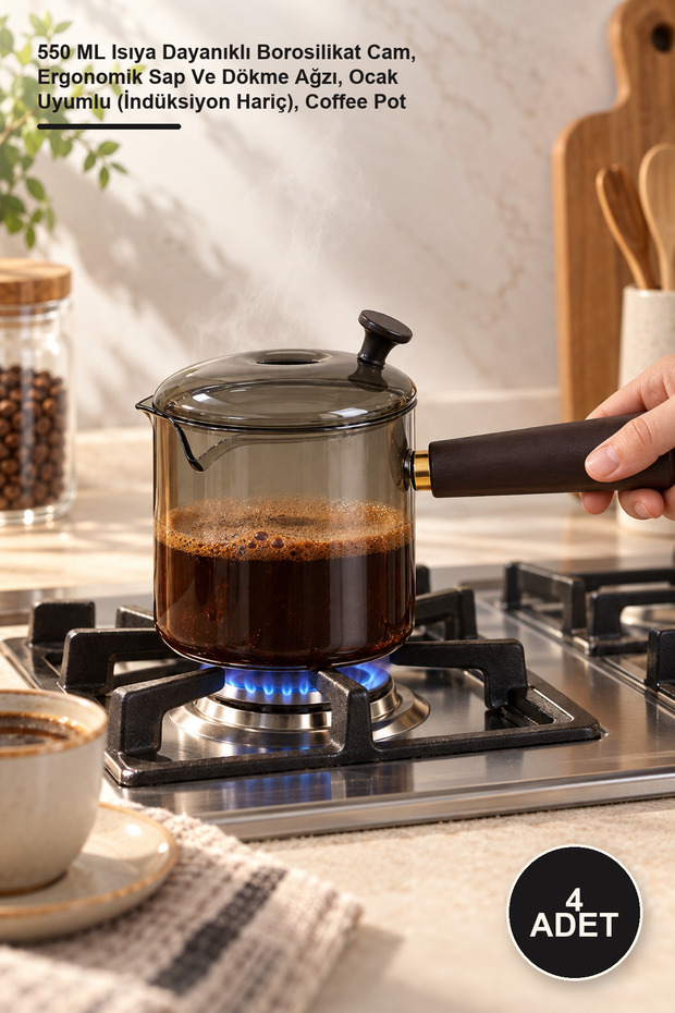 4 Pieces Acacia Glass Coffee Pot – 550 ml Heat-Resistant Borosilicate Glass, Ergonomic Handle and Pouring Spout, Stove Compatible (Except Induction), Coffee Pot