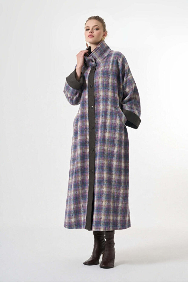 Long Wool-Blend Patterned Coat - Blue