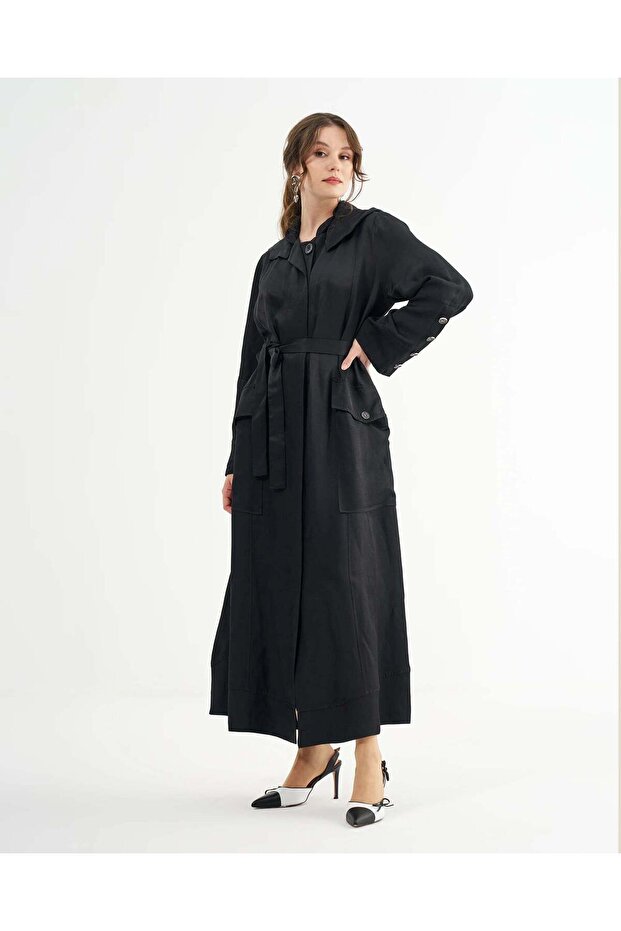 Hooded Belted Linen-Blend Long Coat - Black