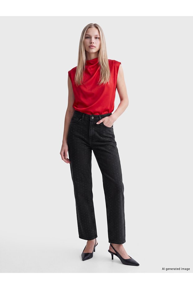 Alita City Farkıyla Lcw Jeans Black Denim Stoned Straight & Straight High Waist Straight Leg Women's Jean Pants