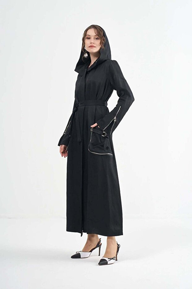 Belted Linen-Blend Overcoat with Zip Pockets - Black