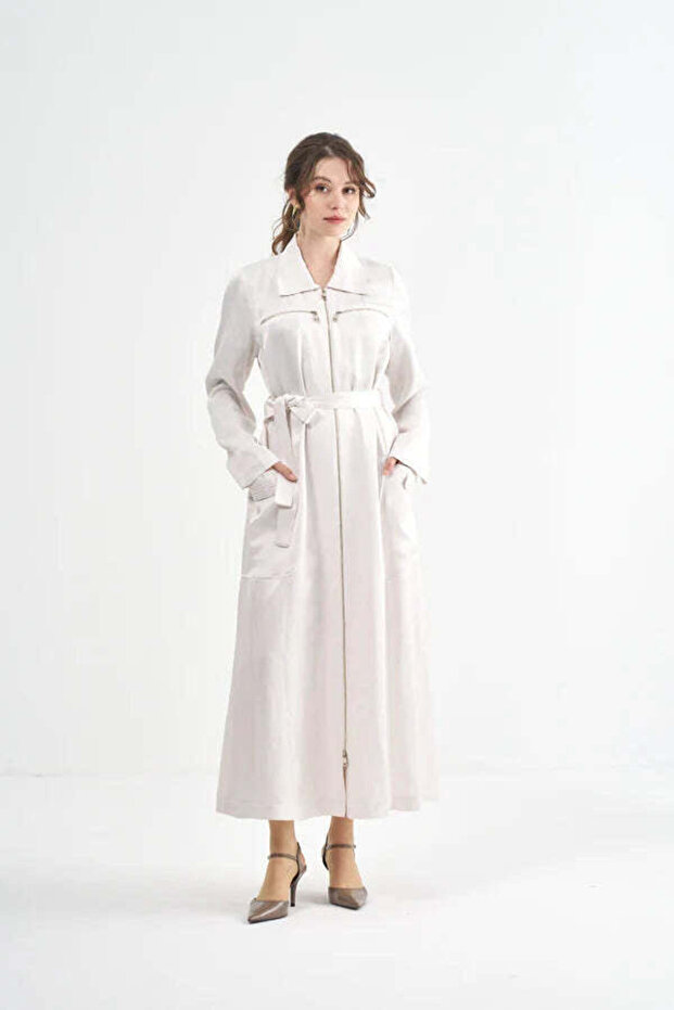 Belted Satin Zip-Front Long Coat - Ecru