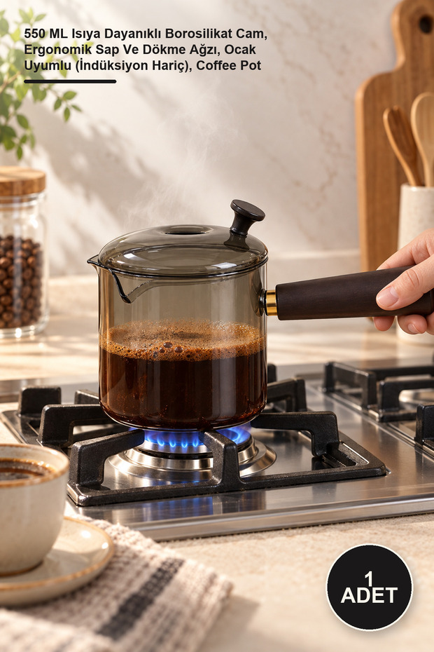 1 Piece Acacia Glass Coffee Pot – 550 ml Heat-Resistant Borosilicate Glass, Ergonomic Handle and Pouring Spout, Stove Compatible (Except Induction), Coffee Pot