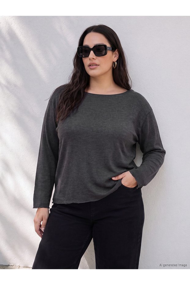 Alita City Farkıyla Lcw Curve Anthracite Combed Cotton Plain Oval Neck Long Sleeve Women's Blouse