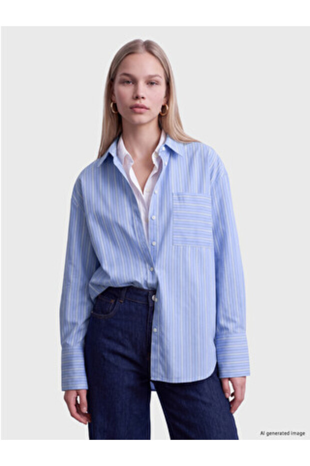 Blue Striped Oversize Women's Shirt with Pockets