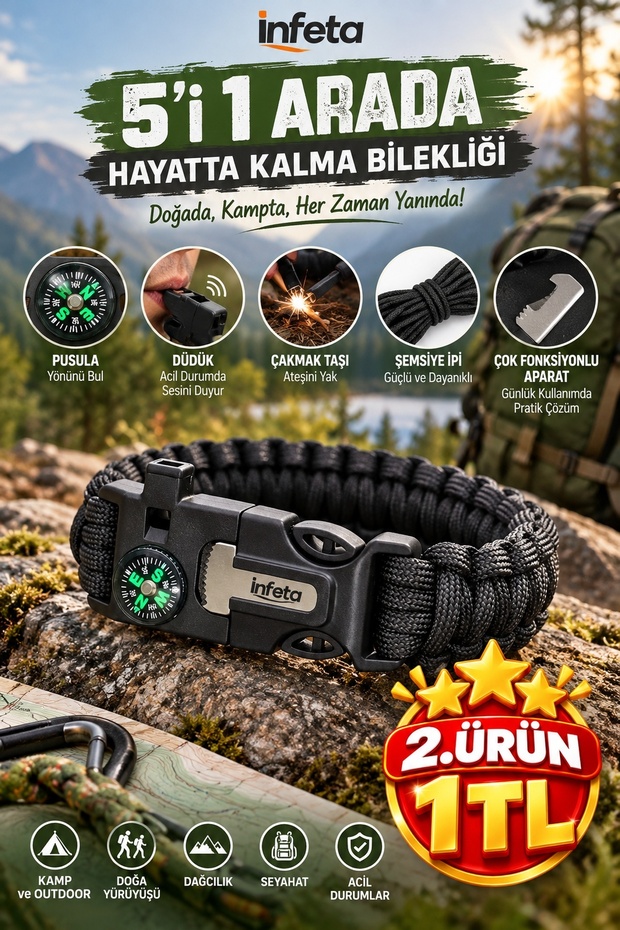 Black 5-in-1 Paracord Survival Bracelet Compass Whistle Flint