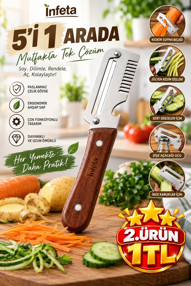 5 in 1 Stainless Steel Julienne Vegetable Potato Peeler with Wooden Handle Bottle Opener