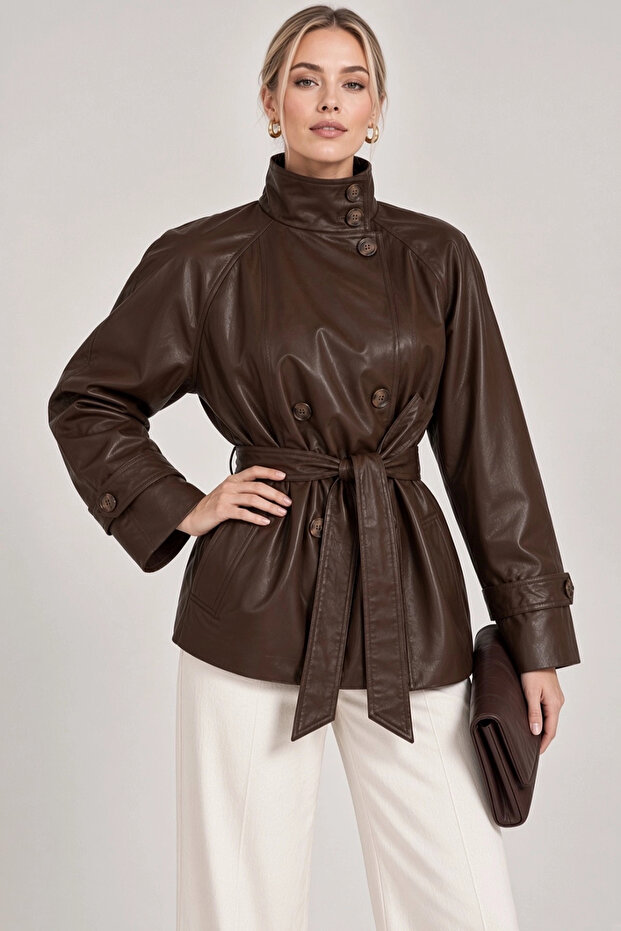 Women's Brown Stand Collar Belted Stylish Soft Textured Lined Button Detailed Faux Leather Jacket