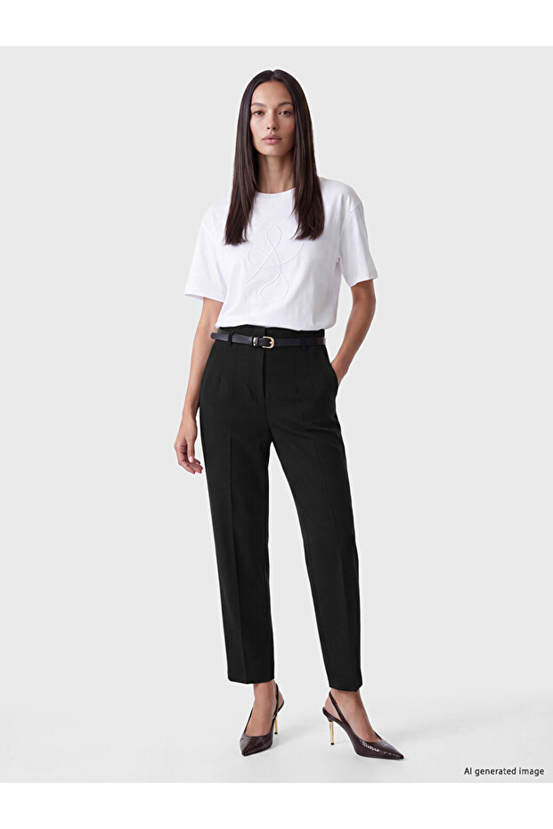 Peak New Season Black Elastic Waist Carrot Cut Women's Fabric Trousers