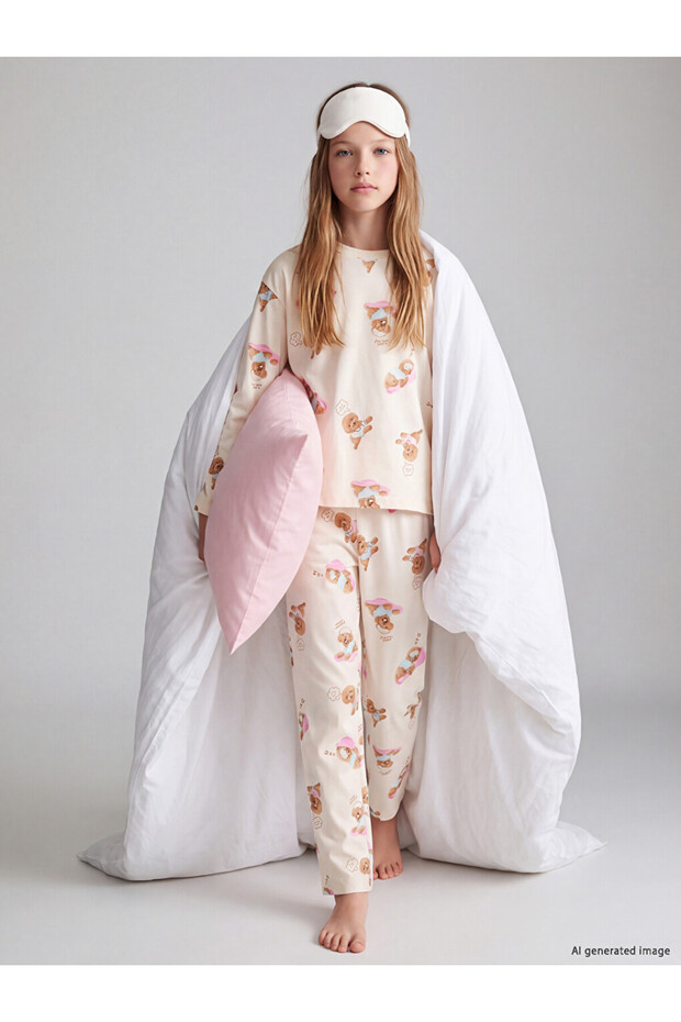 Özmarka New Season Pink Crew Neck Girls' Pajama Set