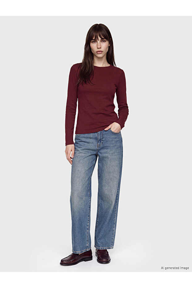 Two Mt Shop Quality Lcw Everyday Burgundy Ribbed Plain Tight & Slim Long Sleeve Women's Bodysuit