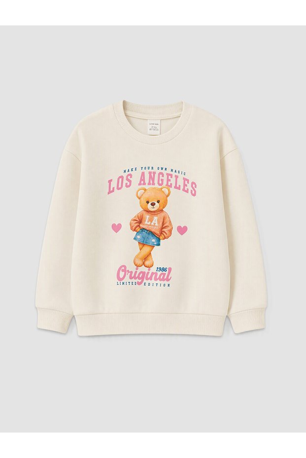 Two Mt Shop Quality Lcw Kids Ecru 3 Thread Raster Printed Loose & Baggy Girls' Sweatshirt