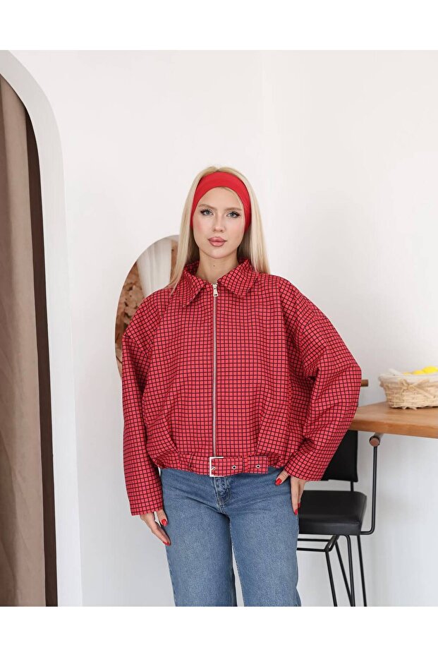 Plaid Pleated Detail Bomber Seasonal Jacket-Oversize