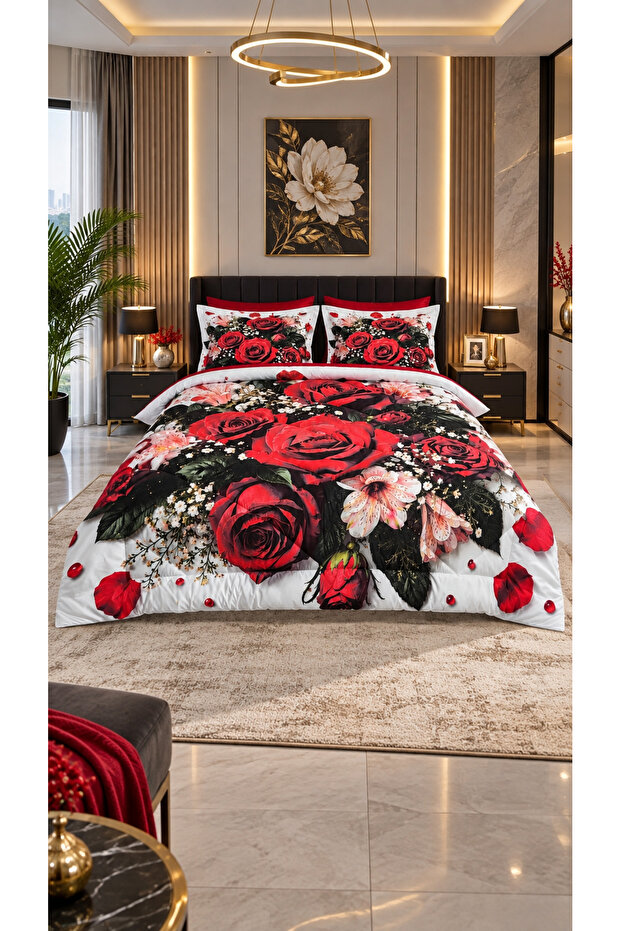 Gül Sultani 5D Digital Printed Cotton Sleeping Set with Double Elastic Sheets, 6 Pieces