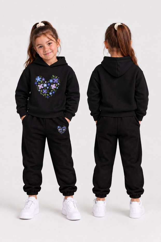 Girls' Hooded Tracksuit Set – Printed Hoodie Sweatshirt and Sweatpants Winter Outfit