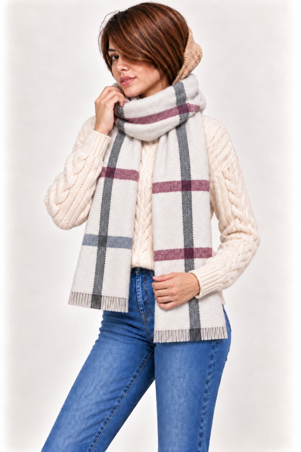 Women's Cream Anthracite Burgundy Plaid Oversized Soft Textured Tasseled Winter Shawl Scarf – Wide Shoulder Shawl