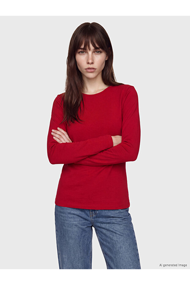 Two Mt Shop Quality Lcw Everyday Red Ribbed Plain Tight & Slim Long Sleeve Women's Bodysuit