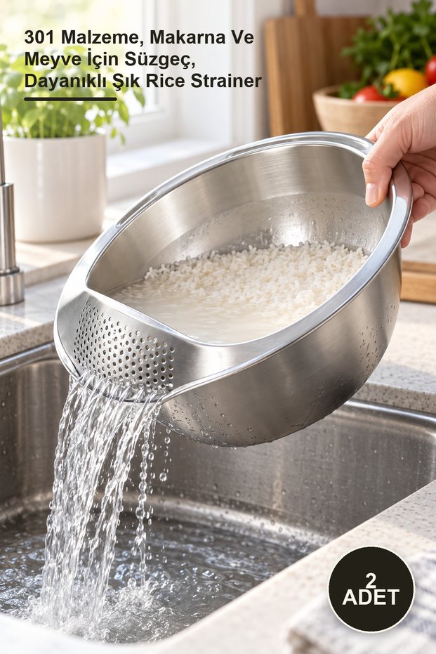 2 Pieces Stainless Steel Rice Strainer – 301 Material, Strainer for Pasta and Fruit, Durable and Stylish Rice Strainer