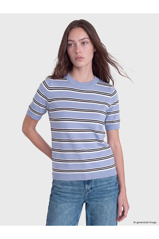 Alita City Lcw Modest Blue Oval Neck Striped Women's Knitwear Sweater