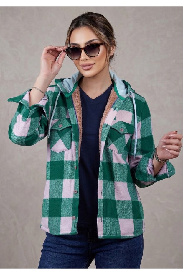 Green and White Checkered, Fur-Trimmed, Women's Hooded Jacket with Double Chest Pockets, Extra-Loose, Comfortable Loose Fit