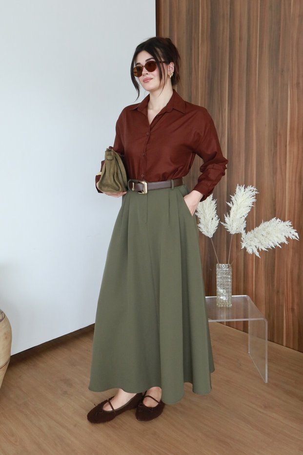 Khaki Polyviscon College Skirt
