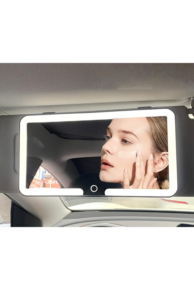 مرآة تجميل LED قابلة لإعادة الشحن للسيارة - مرآة مكياج بشاشة تعمل باللمس مع إضاءة قابلة للتعديل ومنفذ USB