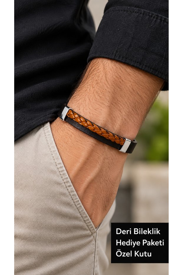 Torvelin Ambertrace Black Leather Men's Bracelet - Wide Band with Caramel Weave Stripes