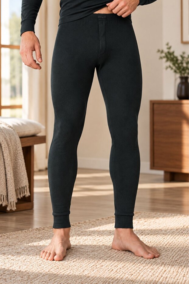 Men's Black Thermal Underwear Bottom Leggings Winter Cuffed Flexible Warm Long Leg